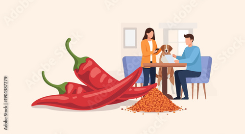 Couple with dog and chili peppers at a table