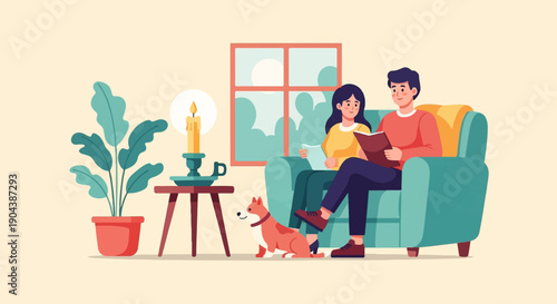 Couple reading with dog and plant beside window with candle