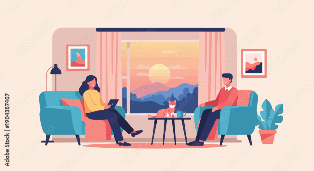 Fototapeta premium Couple relaxing in living room watching sunset with cat
