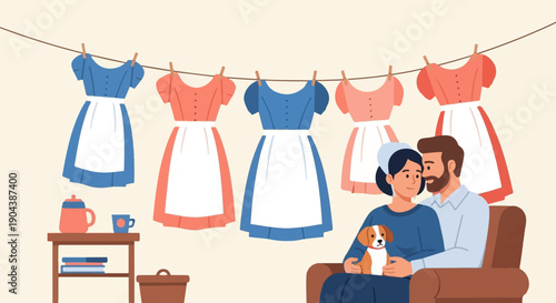 Couple with dog and laundry on a line with vintage dresses