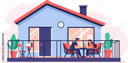 Couple on balcony with cat and plants, enjoying a serene moment at home