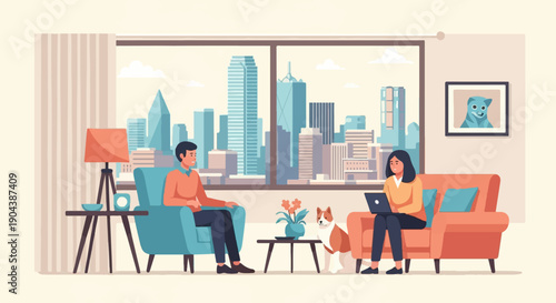 Couple relaxing with dog in a modern apartment overlooking city skyline