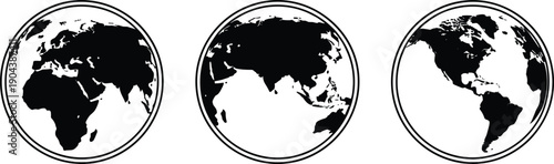 World map globe silhouette set with Earth continents circular frames black and white vector illustrations isolated