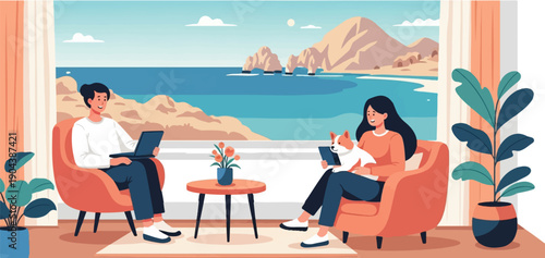 Couple relaxes at home with dog and laptop, ocean view