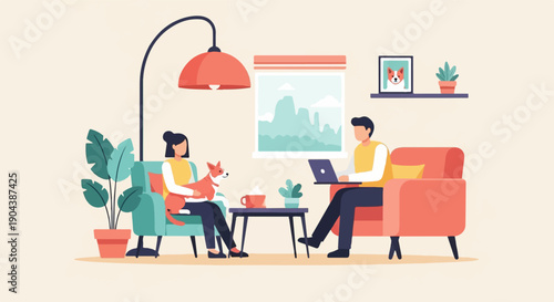 Couple with dog at home, one working on laptop