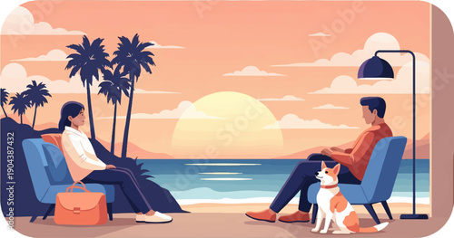 Couple relaxes by ocean, watching sunset with dog and palm trees