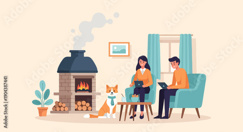Couple with dog by fireplace, working on laptops