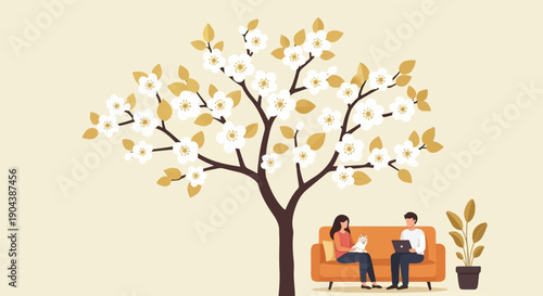 Couple relaxing with pet under blooming tree, enjoying spring day
