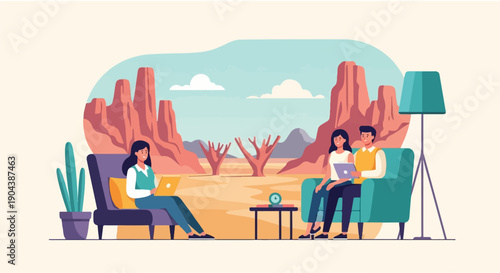 Couple relaxes in a desert landscape with a woman working on a laptop