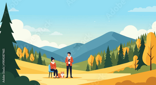Couple with dog enjoy autumn scenery in a mountainous landscape