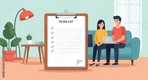 Couple reviewing a to-do list on a clipboard while using a laptop