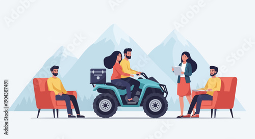 Couple rides all-terrain vehicle, two people relax in chairs