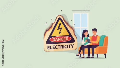 Couple on couch looking at tablet near a burnt electricity danger sign