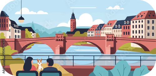 Couple with dog enjoy view of city bridge over river