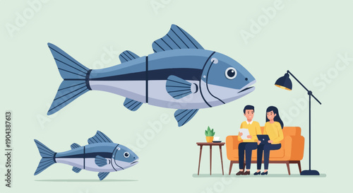 Couple relaxes on couch as large fish loom overhead in surreal scene