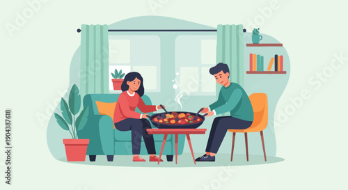 Couple sharing a meal cooked in a wok on a coffee table