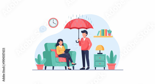Couple sharing an umbrella indoors on a rainy day