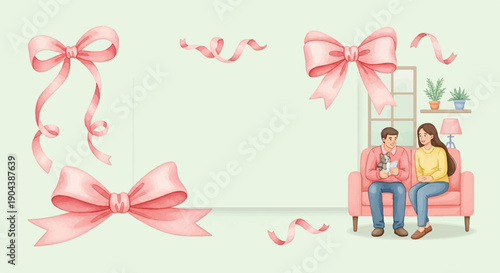 Couple with dog on sofa, surrounded by pink ribbons and bows