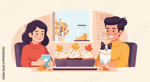 Couple sharing cupcakes with a cat, with autumn leaves and decor