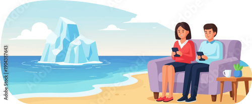 Couple relaxes on couch by the ocean, looking at phones, with an iceberg