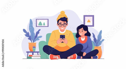 Couple relaxing indoors, one person engrossed in a smartphone
