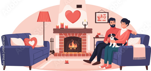 Couple with dog relax by a warm fireplace, surrounded by cozy decor