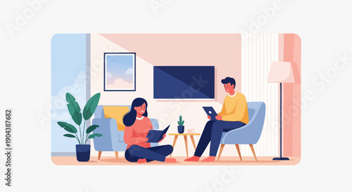 Couple relaxing indoors, one reads, the other uses a tablet