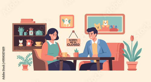 Couple sits at a table with a "Sorry, We're Closed" sign