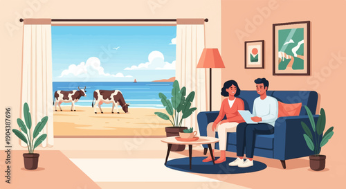 Couple relaxes on sofa, watching cows graze on a beach through window