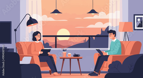 Couple relaxing indoors watching a sunset over mountains