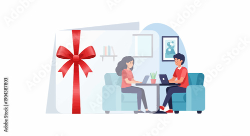 Couple working on laptops with gift box and home decor