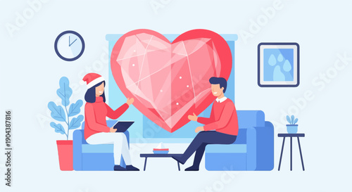 Couple sitting on couch with large crystal heart between them