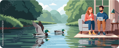 Couple relaxing indoors while ducks swim by a scenic waterfront