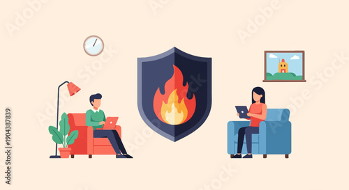 Couple working remotely at home, protected by a shield