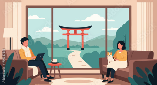Couple relaxing indoors with a dog, looking out at a serene landscape with a torii gate