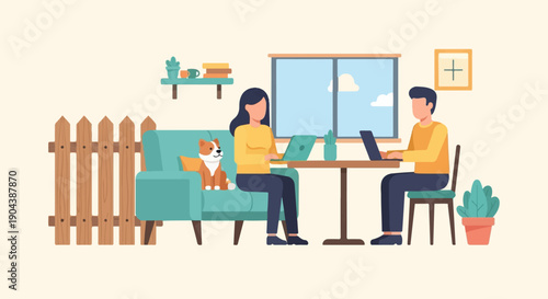 Couple working remotely from home with a dog and houseplants