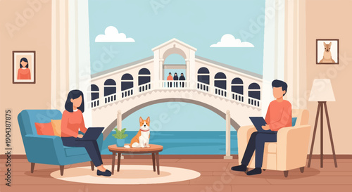 Couple working remotely from home with a dog and a view of a bridge