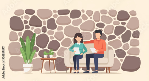 Couple sitting on sofa with papers, near plants and stone wall