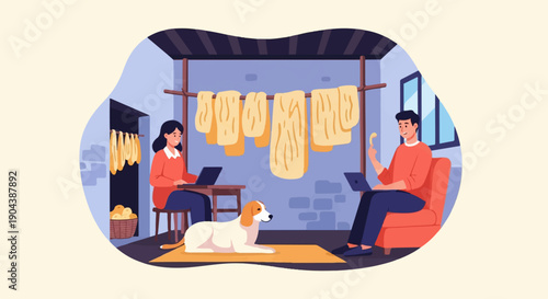 Couple working remotely from home with dog, drying laundry indoors