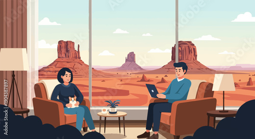 Couple relaxing indoors with a cat, overlooking a desert landscape
