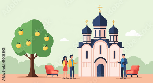 Couple with guide near ornate church and fruit tree
