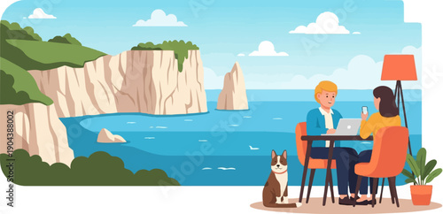 Couple works at table by sea cliffs with dog