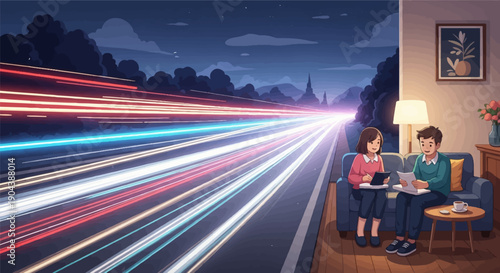 Couple studies together on sofa with abstract light trails outside