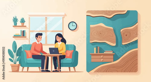 Couple works on laptop in modern living room with abstract art