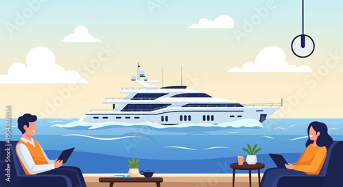 Couple relaxing indoors with a view of a luxury yacht on a calm sea