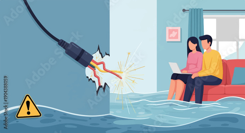 Couple with laptop sits on sofa as water rises, frayed wire sparks