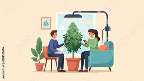 Couple tending to indoor cannabis plant under grow light