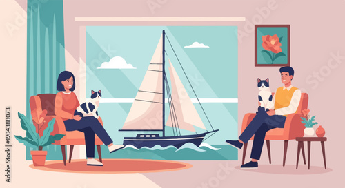 Couple relaxing indoors with cats, gazing at a sailboat on the water