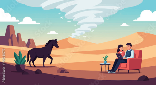 Couple uses laptop in desert with horse and tornado overhead