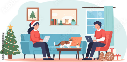 Cozy Christmas scene of two people working on laptops at home with a cat